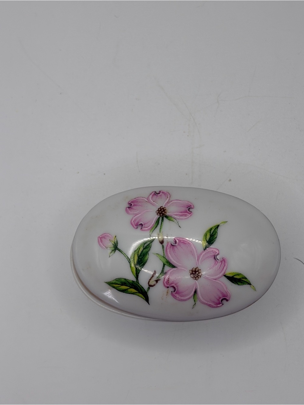 Vintage Retired Porcelain Pink Dogwood Trinket Box - Floral Jewelry Box